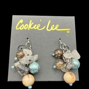 Boho Cluster Drop Earrings Turquoise Amber Silver Tone Glass Bead Coastal Beach